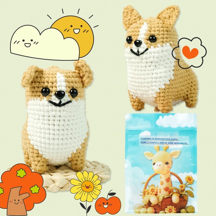 Set kit de crosetat pentru incepatori, Corgi, include unelte, instructiuni, 2 bile de lana, 2 ace, 10 butoane, 3 pini, 1 instructiune in engleza.