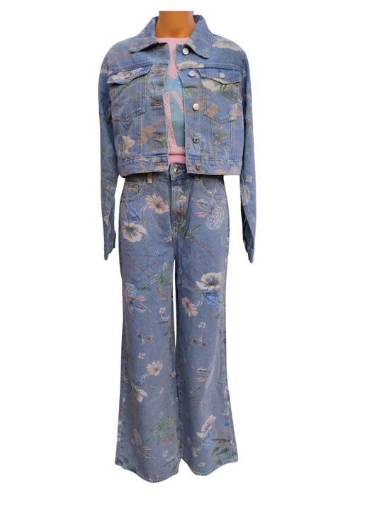 Compleu dama, denim cu print floral, Albastru