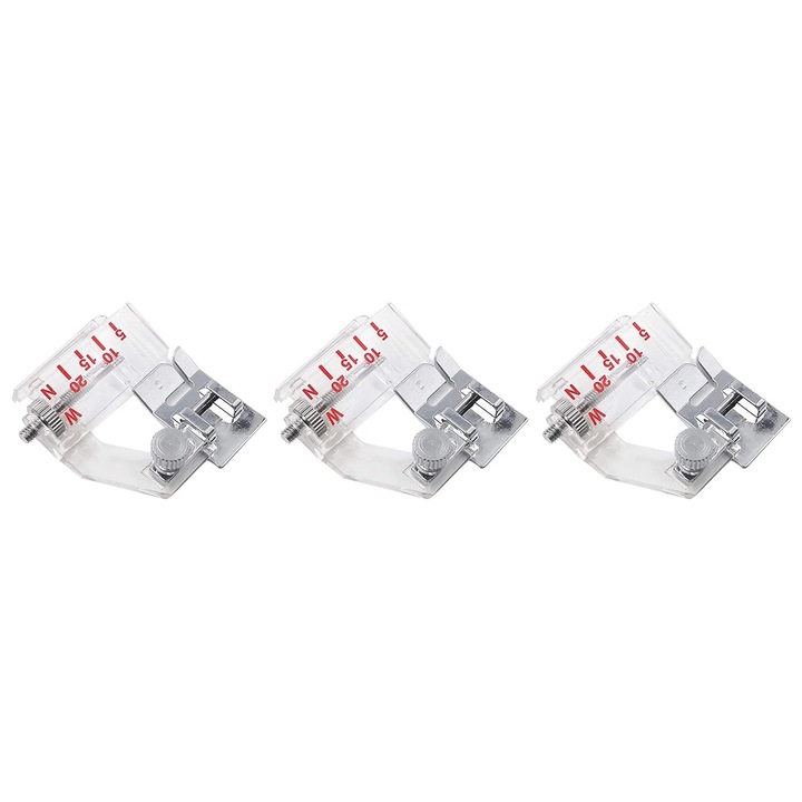 Picior presor pentru banda bias ZYBLSSBB, reglabil 5–20 mm, metal si plastic, compatibil cu majoritatea masinilor de cusut low-shank, transparent/argintiu, set 3 buc.