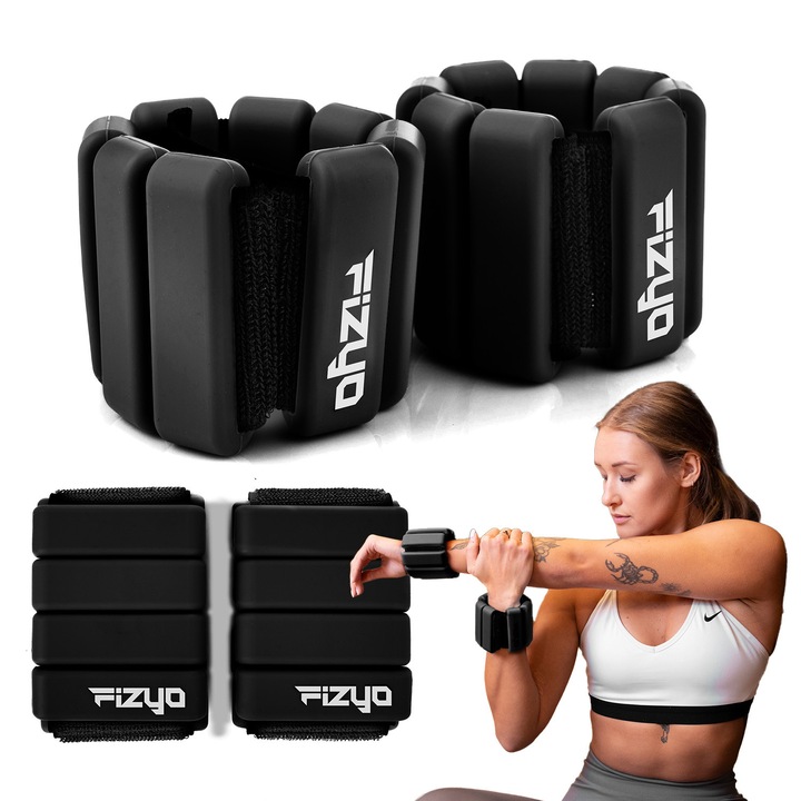 Greutati pentru Incheietura Mainii Fizyo, Set 2 Bucati, 2 x 225 g, Reglabile, Silikonice, Rezistente la Apa, pentru Pilates, Fitness, Aerobic, Negru