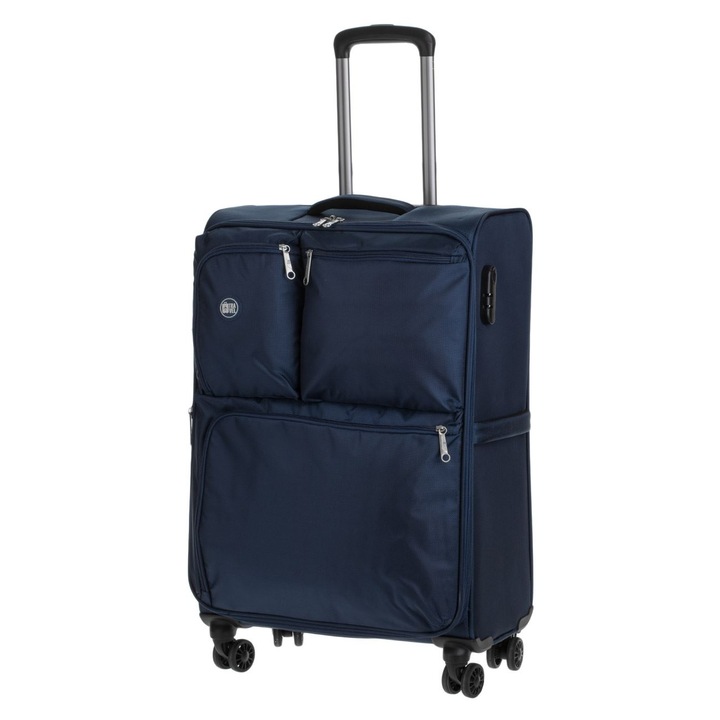 Kék bőrönd külső zsebekkel 44L