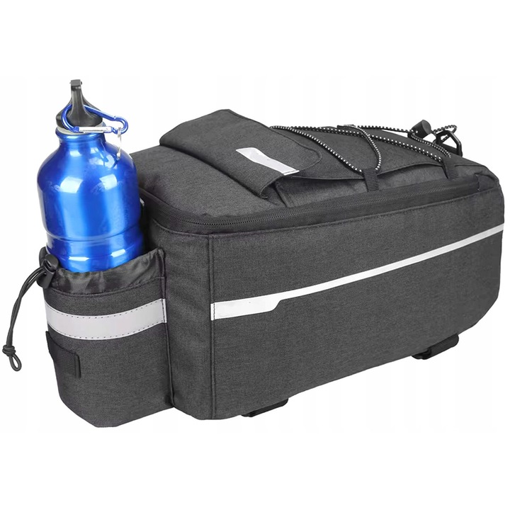 Geanta termica pentru portbagaj bicicleta, Rocket, cu parti laterale intarite, rezistenta la apa, benzi reflectorizante, arici reglabili pentru fixare, Poliester, Negru