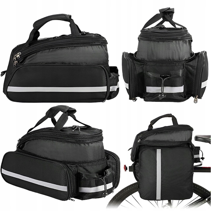 Geanta portbagaj pentru bicicleta, Poliester, Husa impermeabila, Velcro ajustabil, Parti laterale pliante, Capacitate de pana la 30 l, Negru