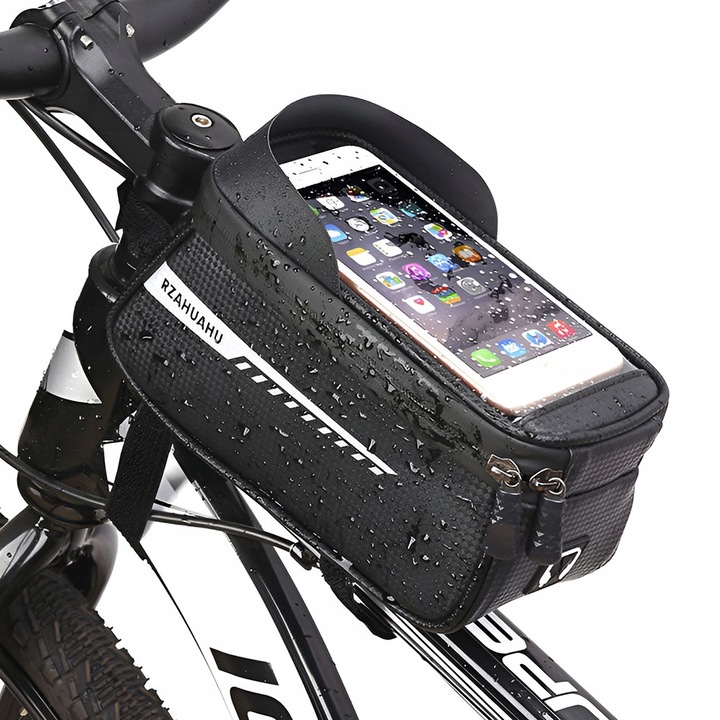 Geanta pentru bicicleta, Sac cu loc pentru telefon, Impermeabil, Capacitate 2l, Montare pe cadru cu ajutorul ariciului, Elemente reflectorizante, Negru