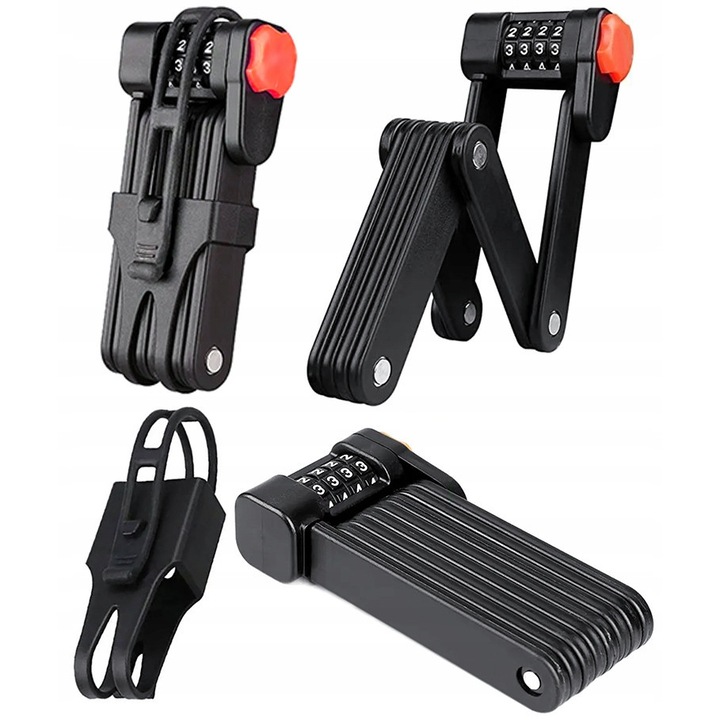 Lacat pentru bicicleta, Rocket, Pliabil cu cifru, Metalic, 5 mm, Lungime 35 cm, 10.000 combinatii de coduri, Negru