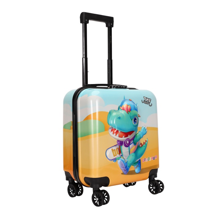 Troler cabina avion pentru copii cu desene 3D, 43 x 35 x 23 cm, 4 roti duble cu rotatie 360°, Abs/Policarbonat, Model DINOZAUR, CASLON®