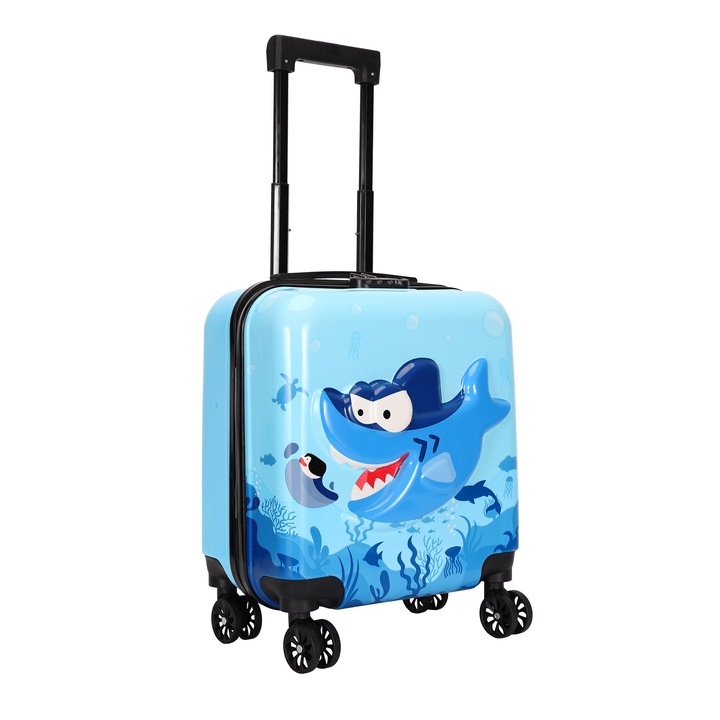 Troler cabina avion pentru copii cu desene 3D, 43 x 35 x 23 cm, 4 roti duble cu rotatie 360°, Abs/Policarbonat, Model RECHIN, CASLON®