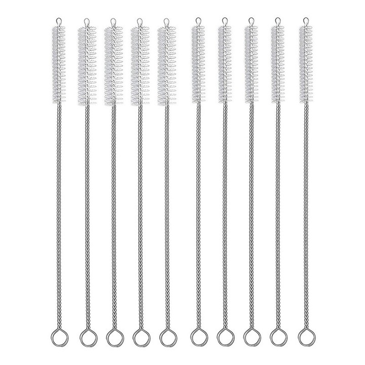 10 darabos szívószál tisztítókefe készlet, ezüst/fehér, újrafelhasználható