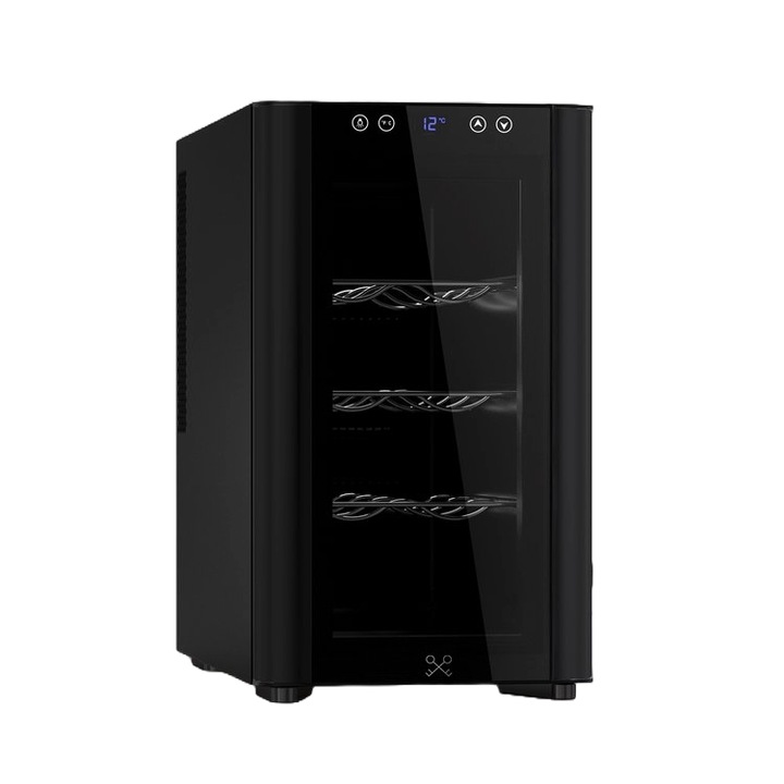 Racitor de vin LES PETITS CHAMPS, pentru HoReCa/baruri/rezidential, 8 sticle, H 46.8 cm, latime 26 cm, o zona de racire, temperatura reglabila 11-18°C, usa anti-UV, sistem anti-vibratii, iluminare interioara LED, 3 rafturi din otel, negru