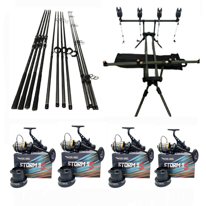 Set Pescuit, 4 Lansete Carbon3, 90m, 3 Segm, 4 Mulinete Storm 9S cu Baitrunner, Tambur 9500 Long Cast, 13 Rulmenti, Rod Pod Echipat + 4 Role Fir 0, 30mm