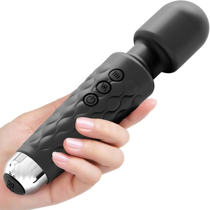 Hordozható szilikon pálca vibrátor, 20 rezgési mód, 8 intenzitás, vízálló, újratölthető, fekete