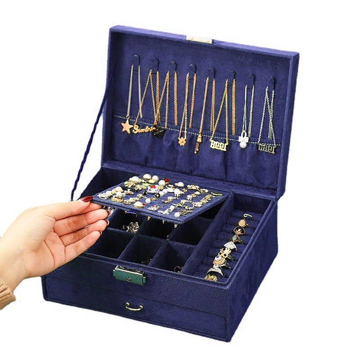 Cutie de Bijuterii RENEW FORCE® Niebieska, cu 1 Suflada si Zavor cu Cheie, Design Elegant pentru Cercei, Coliere si Bratari, Material Din Zamsz, Compartimente Speciale pentru Organizare, Dimensiuni 23 x 17 x 11 cm SB7-BLUE