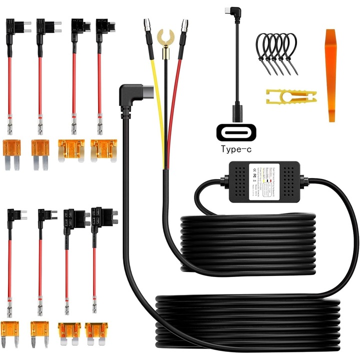 Autós kamera kábelkészlet, C típusú kábel, 3 kábel, 8 biztosíték, 3,4 m, 5V/2A, 12V-24V