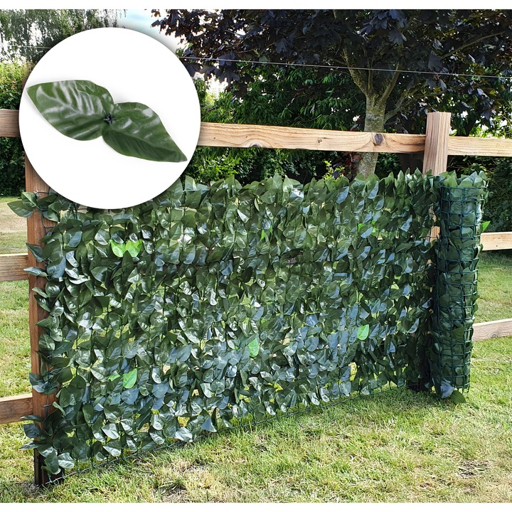 Gard artificial decorativ 50x500 cm, frunze ornamentale, protectie UV si intemperii, plastic PVC, verde inchis