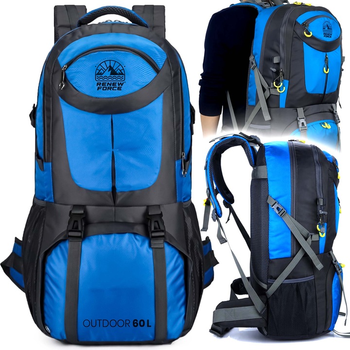 Spatios Rucsac de drumetie ideal pentru munte, camping, trekking, turistic 60L de Calatorie, pentru Studenti, Rezistent, Confortabil, Usor, Practic, Multifunctional Poliester, Rezistent la Apa OD-BP-01-BLUE