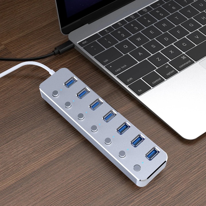 YANYXR USB 3.0 elosztó, 7 portos, független gombokkal, ezüst, 16.5x4.2x1.8cm