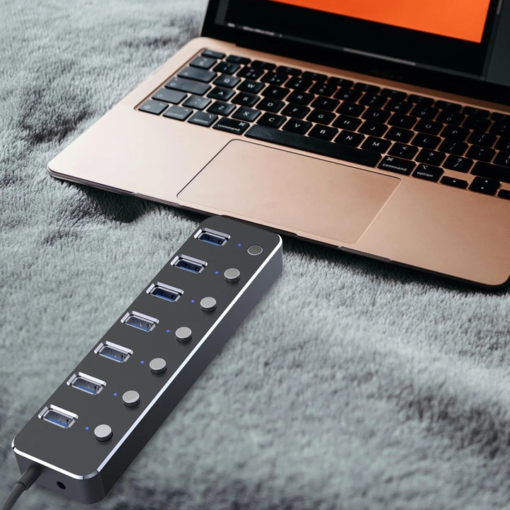 USB 3.0 elosztó, 7 portos, alumínium, fekete, 16.5x4.2x1.8cm