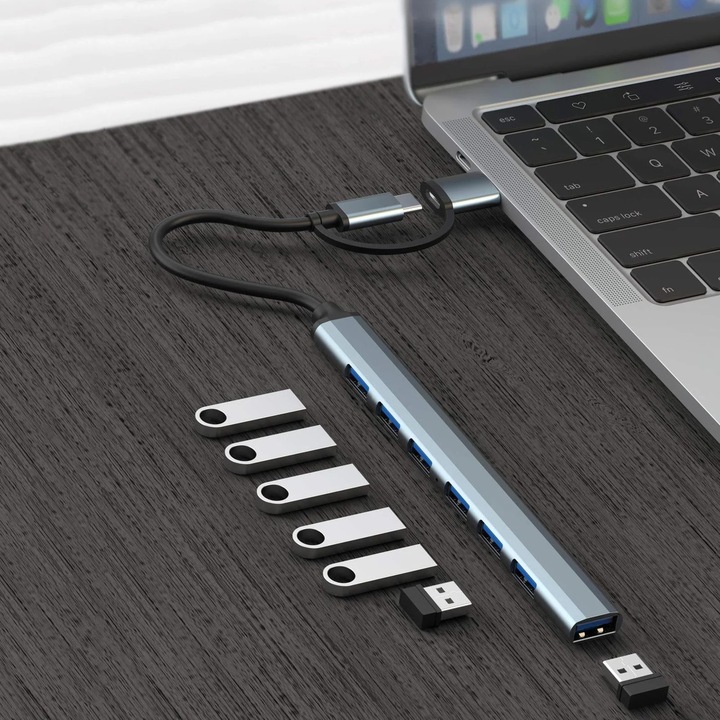 YANYXR USB 3.0 elosztó, 7 portos, ezüst, 15x1.6x0.85cm