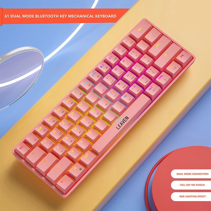 Геймърска механична клавиатура с кабел, 60%, 61 клавиша, RGB осветление, розова, 30x11x3.6 см