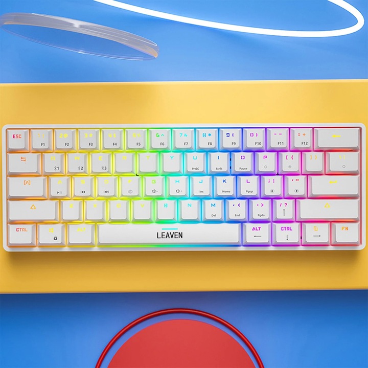 Кабелна механична геймърска клавиатура, 60%, 61 клавиша, RGB осветление, бяла, 30x11x3.6 см