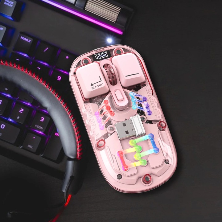 Mouse wireless YANYXR T200 transparent RGB 11.3x5.8x2.5cm roz