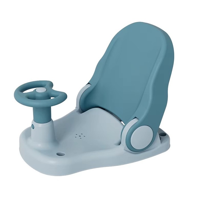 Scaunel de baie pentru copii Little Mom Blue Car, design pliabil, ergonomic, cu volan de sustinere, spatar ajustabil in 3 unghiuri diferite, fixare cu ventuze, dimensiune 38 x 28.5 x 30.8cm