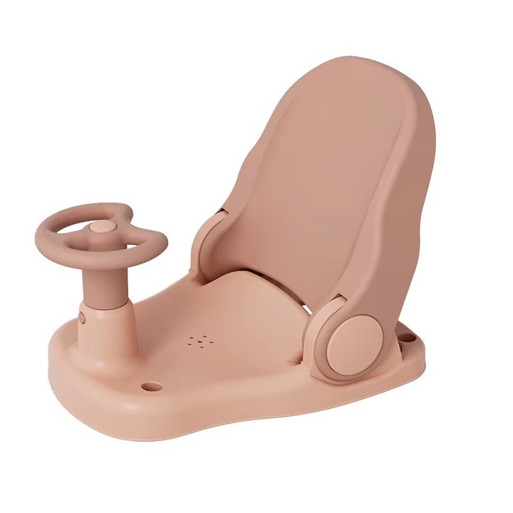 Scaunel de baie pentru copii Little Mom Pink Car, design pliabil, ergonomic, cu volan de sustinere, spatar ajustabil in 3 unghiuri diferite, fixare cu ventuze, dimensiune 38 x 28.5 x 30.8cm