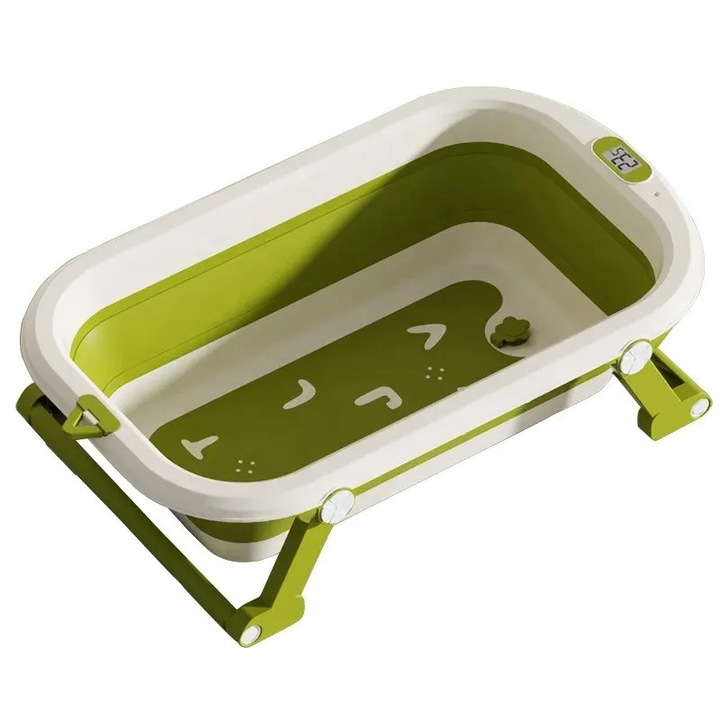 Cadita bebelusi pliabila Little Mom Green Lux, design modern, cu termometru incorporat cu display digital, dop pentru evacuarea apei, suport pentru agatare, capacitate 42L, dimensiune 80 x 49 x 21 cm, 0-36 luni