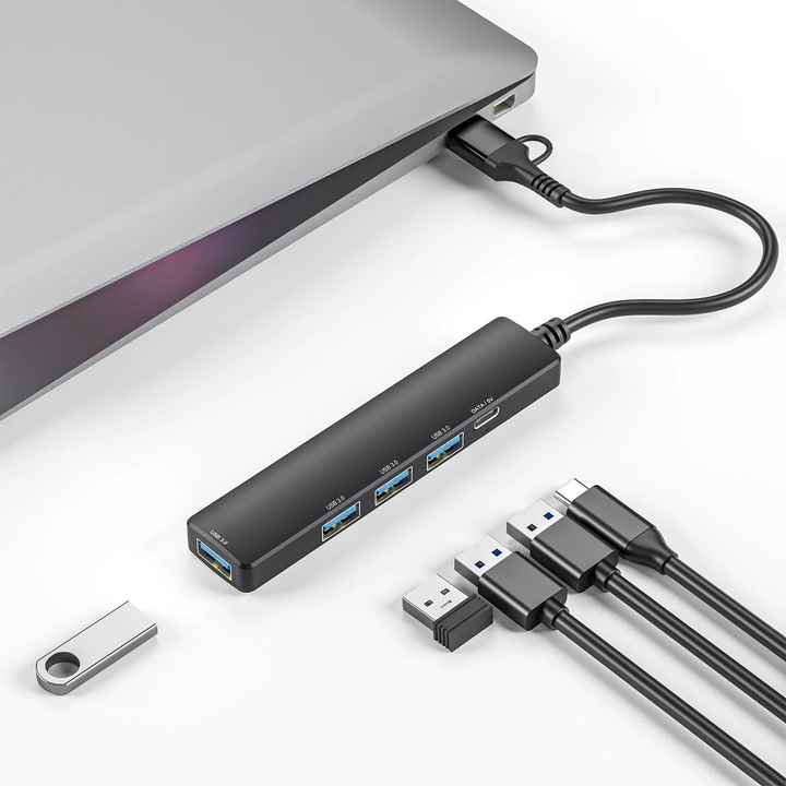 Докинг станция USB 3.0 YANYXR, 4 порта, черна, 11.3x2.4x1.2см