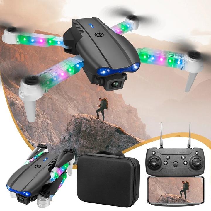Drón 1080P FPV kamerával, magasságtartó funkcióval, fej nélküli üzemmóddal, összecsukott méretek 13x7x5,5cm, fekete színű