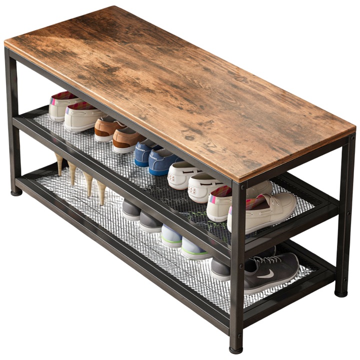 MUVU, Suport pentru pantofi cu 3 niveluri, Dulap pentru pantofi, Depozitare pantofi, Organizator pantofi pentru 10 perechi, Metal, Subtire, Suport, Negru, Depozitare pantofi, Banca pentru pantofi, Scaun 73 x 30 x 45 cm