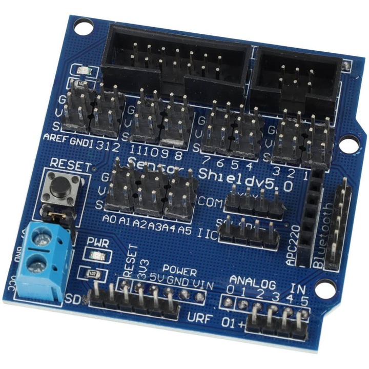 Разширителен модул, Sensor Shield v5.0, За arduino, Съвместим с uno и leonardo, Цифрови и аналогови конектори, Размери 57 mm x 57 mm x 20 mm