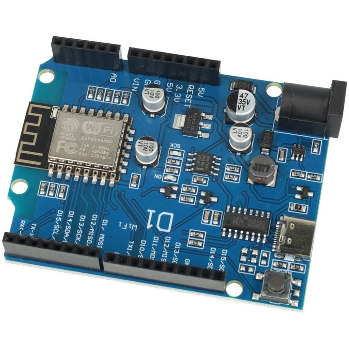 Платка за разработка, Wemos, Esp8266 d1 uno r3, Usb-c, Wi-fi, 4 mb флаш памет, 11 gpio, 10 pwm, 1 аналогов вход, Поддръжка за arduino ide, 5v захранване през usb-c или 7-24v през dc конектор