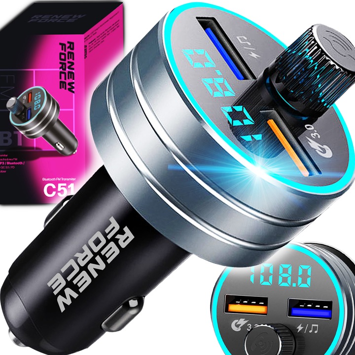 Modulator Fm Renew Force Transmitator Bluetooth 5.0 pentru masina, metalic Adaptor incarcator auto cu 2 porturi USB, incarcare rapida, QC 3.0, 24W, slot pentru card microSD, 12V-24V, Negru, C51