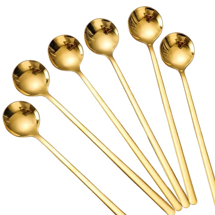 Комплект златисти лъжички за кафе, с дълга дръжка 17,4х3 см, златни - 6 бр.