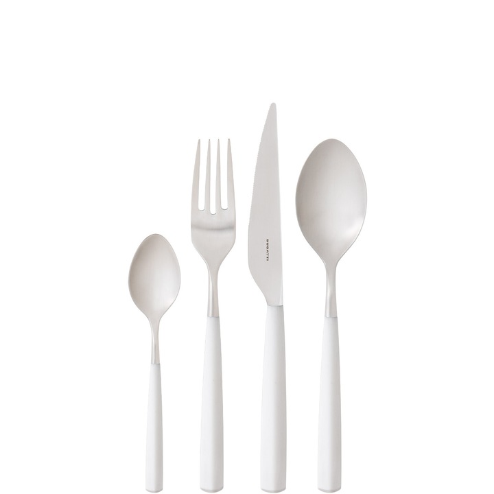 Комплект прибори от 24 части Casa Bugatti, Athena, за 6 души, модерен, елегантен, минималистичен дизайн, първокласни материали, неръждаема стомана, луксозна кутия за презентации, бял