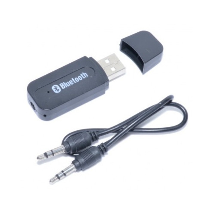 Adaptor Bluetooth auto cu USB A pentru masina, cu cablu Jack 3.5mm, conectivitate 2.1, Negru