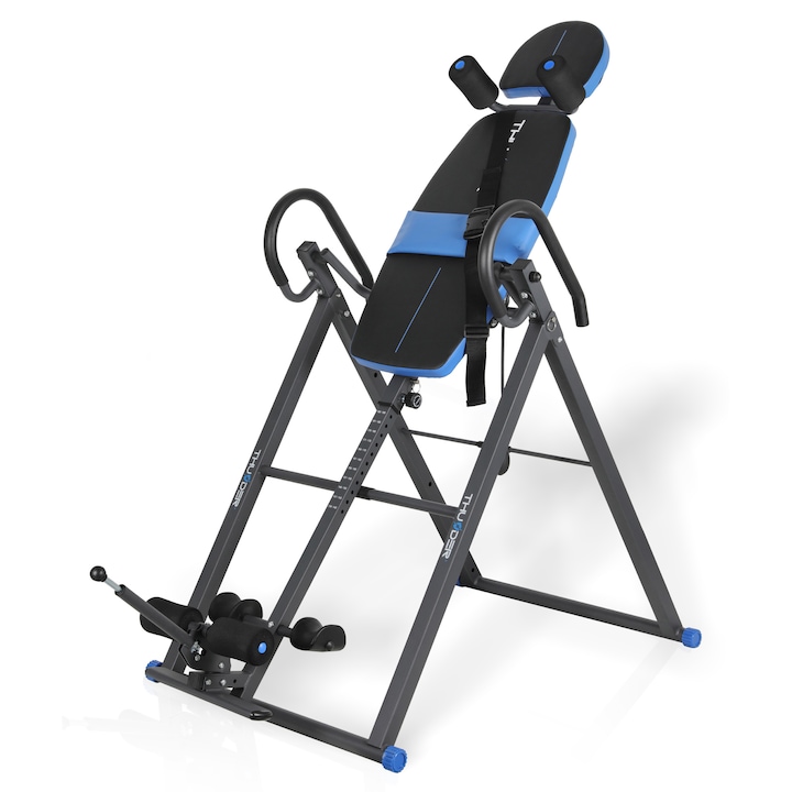 Banca de exercitii Thunder Baggy, spatar reglabil, stabila, rezistenta, reglabila, maxima suportata 150 kg, Negru/Albastru