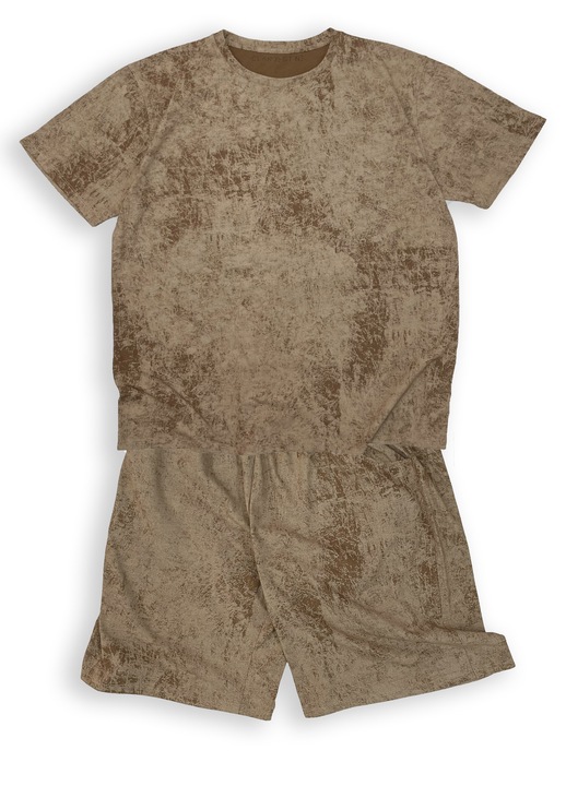 Set de vara pentru barbati, 2 Piese, Tricou cu maneca scurta si Pantaloni scurti, Material texturat, Bumbac 100%, Bej Maro, Bej