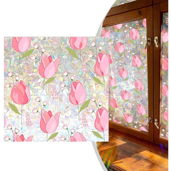 Sticker Decorativ Feicaeesa, Lalea roz, Autoadezive, Perete, 100x40cm