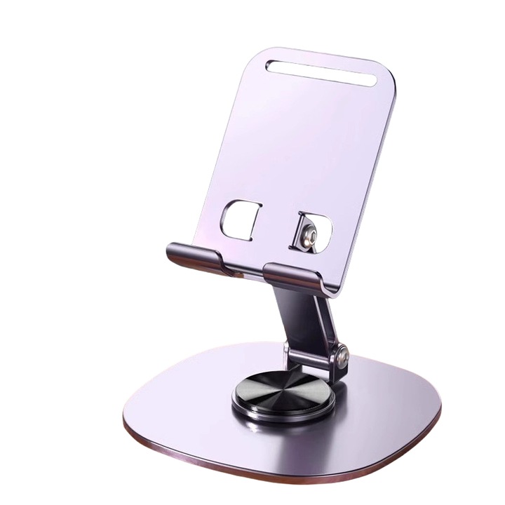 Telefontartó, edzett ötvözetből, 360°-ban forgatható, állítható, összecsukható, okostelefonnal és tablettel kompatibilis, lila
