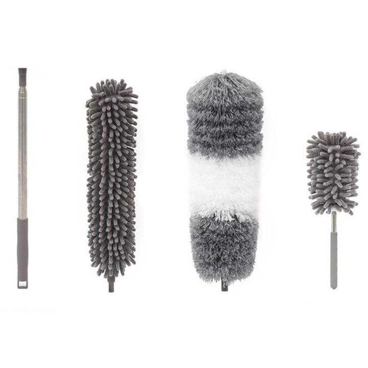 Микрофибърен почистващ моп, Flippy, комплект с 3 отделящи се глави, микрофибърен моп, четка за прах, мини четка, разтегателна дръжка, EVA, опакован в торбичка с цип, сив