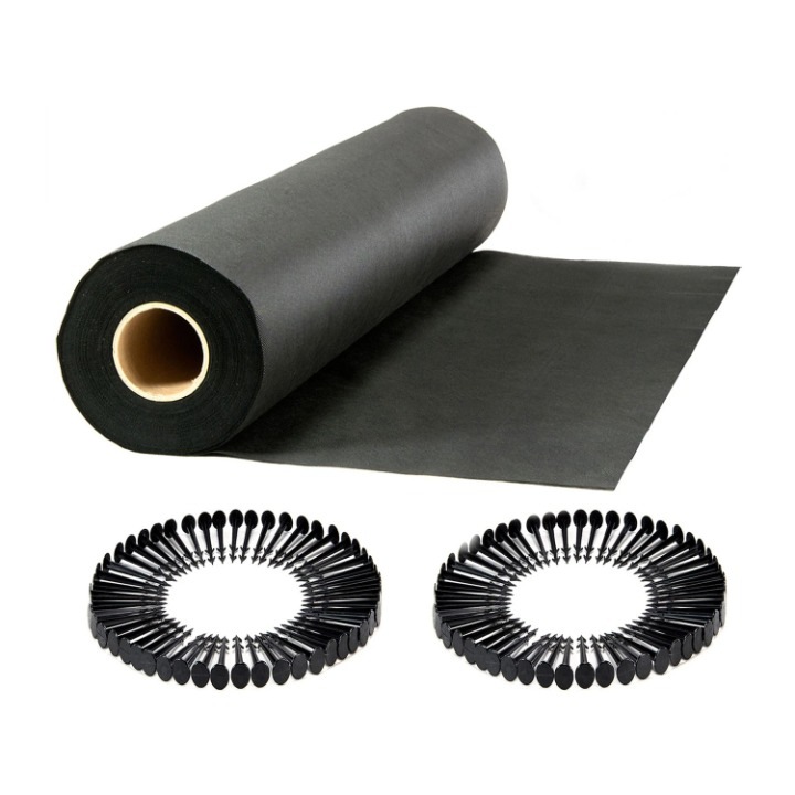 Set folie agrotextil de gradina DacEnergy©, material polipropilena UV 3%, gramaj 90 g/m², 1, 6 x 100 m, 100 buc ace, negru