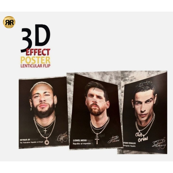 Картина 3D RIR®, лещовидна, с рамка, впечатляващ визуален ефект с легенди на световния футбол, 30x40 см, Неймар, Меси и Роналдо