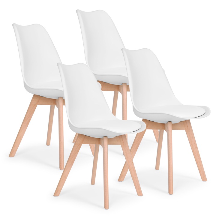 Set 4 scaune, design scandinav, alb, cu perne din ecopiele, ModernHome
