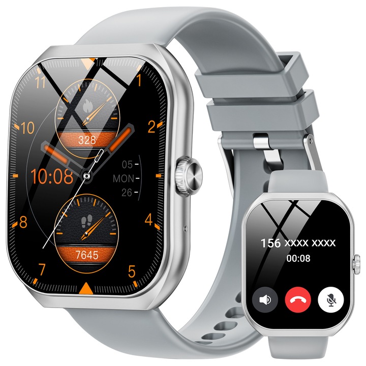 Okosóra, Mingtawn, J126, AMOLED kijelző, 2,1 hüvelykes, Bluetooth hívás, egészségfigyelés, pulzus- és véroxigén-érzékelés, sportkövető, intelligens értesítések, hangasszisztens, fitneszkövető, vízálló, ezüst