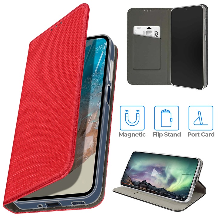 Flip tok Motorola Moto G10 / G20 / G30 telefonhoz, könyv típusú mágneses záródással, kártyatartó rekesszel, állvány funkcióval, piros