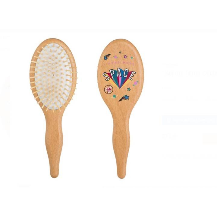 Bézs fa ovális hajkefe Space mintával 23cm