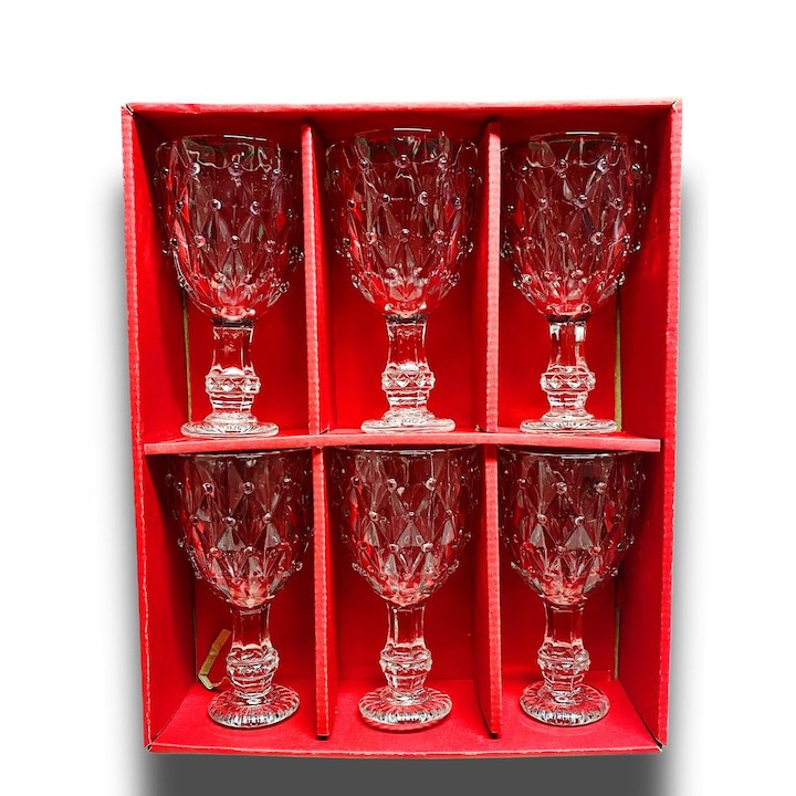 Комплект 6 чаши Tiffany, Gold Glass, с дръжка, изработени от стъкло, за: вино, сок, вода, 100 мл