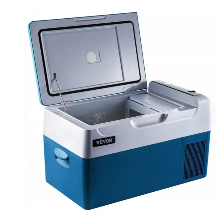 Hordozható mini hűtőszekrény, 22L, kompresszor, 12/24V, jéghűtő, kék